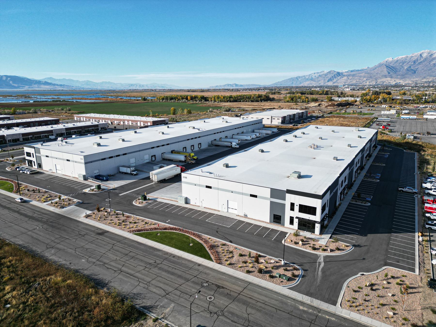 Aerial view of two developed industrial buildings